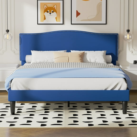 Javlergo Queen Size Bed Frame, Upholstered Platform Bed with Adjustable Headboard, No Box Spring Needed, Dark Blue