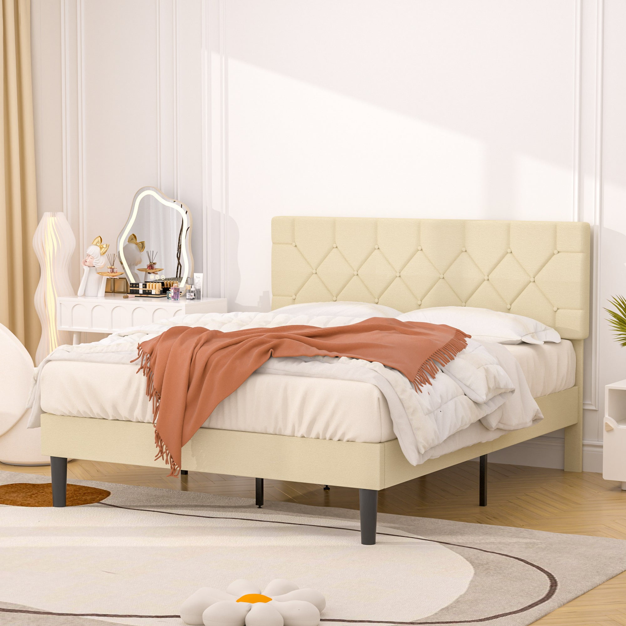 Javlergo Queen Size Bed Frame with Button Tufted Headboard, Upholstered Platform Bedframe with Wood Slat Support, No Box Spring Needed, Beige