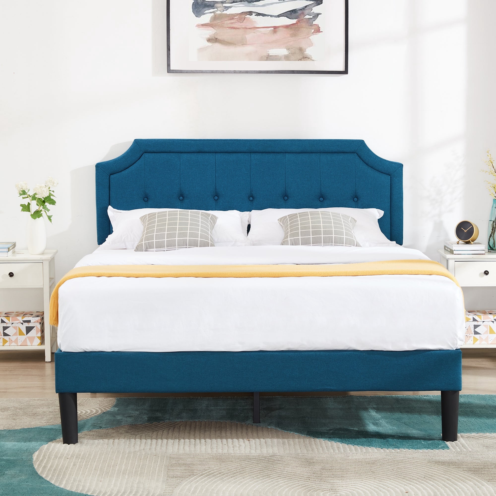 Javlergo Queen Size Bed Frame with Upholstered Adjustable Diamond Stitched Panel Headboard, Wood Slat Support/Easy Assembly, Blue