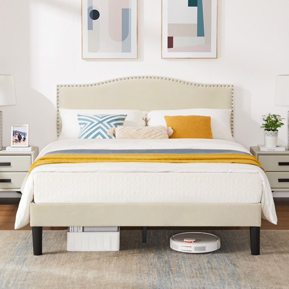 Javlergo Queen Size Platform Bed Frame, Upholstered Bed Frame with Adjustable Headboard, No Box Spring Needed, Wooden Slats Support, Mattress Foundation, Beige