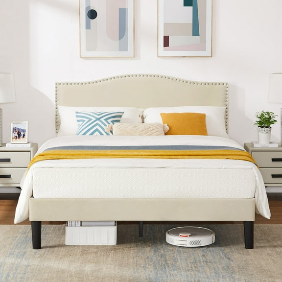 Javlergo Queen Size Platform Bed Frame, Upholstered Bed Frame with Adjustable Headboard, No Box Spring Needed, Wooden Slats Support, Mattress Foundation, Beige