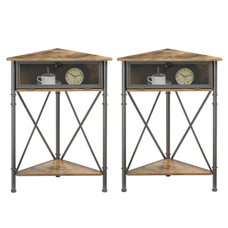 Javlergo Set of 2 Corner Table with Drawer and Open Dtorage Space, Triangle Freestanding Floor Cabinet Grey
