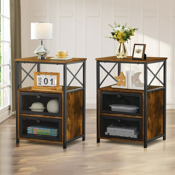 Javlergo Set of 2 Nightstand with 2 Drawers, Bedside Table Storage for Living Room, Bedroom, Brown