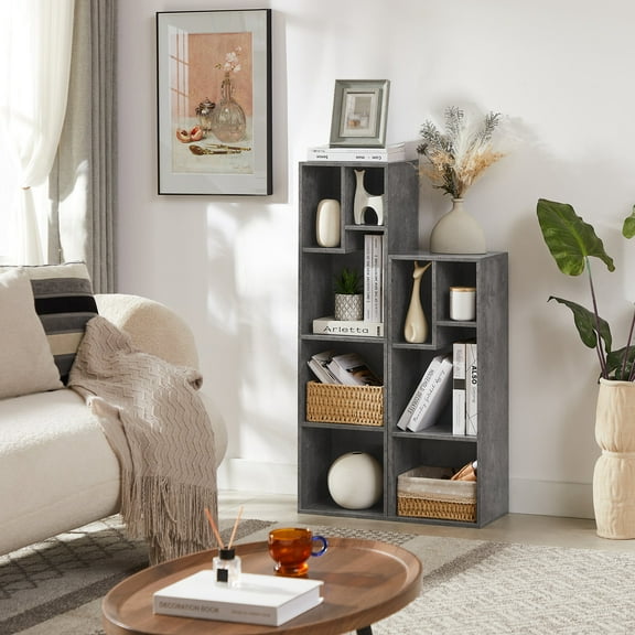 Javlergo Set of 2 Wood Bookcase, 9 Cubes Storage Display Shelf, Free Standing Bookshelf for Living Room, Bedroom, Kids Room, Office, Gray