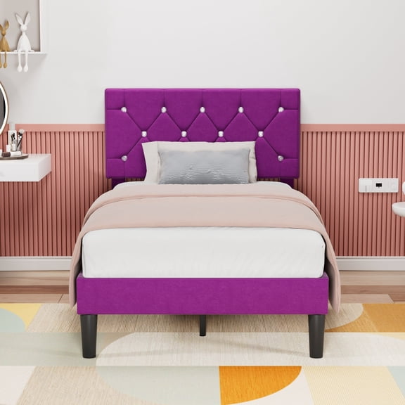 Javlergo Twin Bed Frame with Upholstered Headboard, Heavy Duty Wooden Bed Slats - Noiseless Platform Bed, No Box Spring Required, Easy to Assemble, Purple