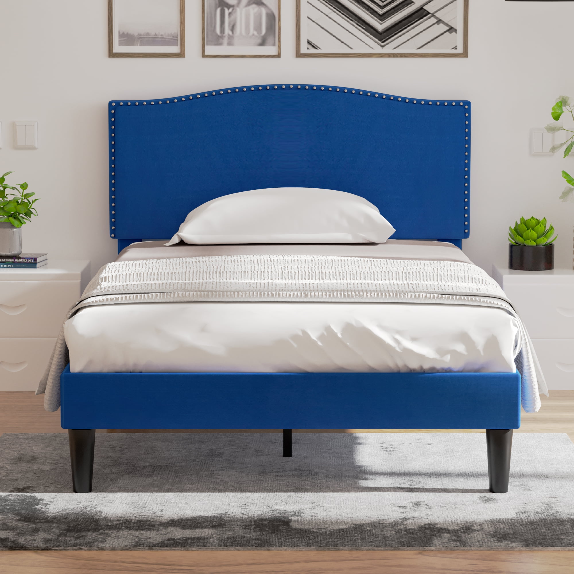 Javlergo Twin Size Bed Frame, Upholstered Platform Bed Frame with Adjustable Headboard, Easy Assembly, No Box Spring Needed, Non-Slip and Noise-Free with Strong Wood, Dark Blue