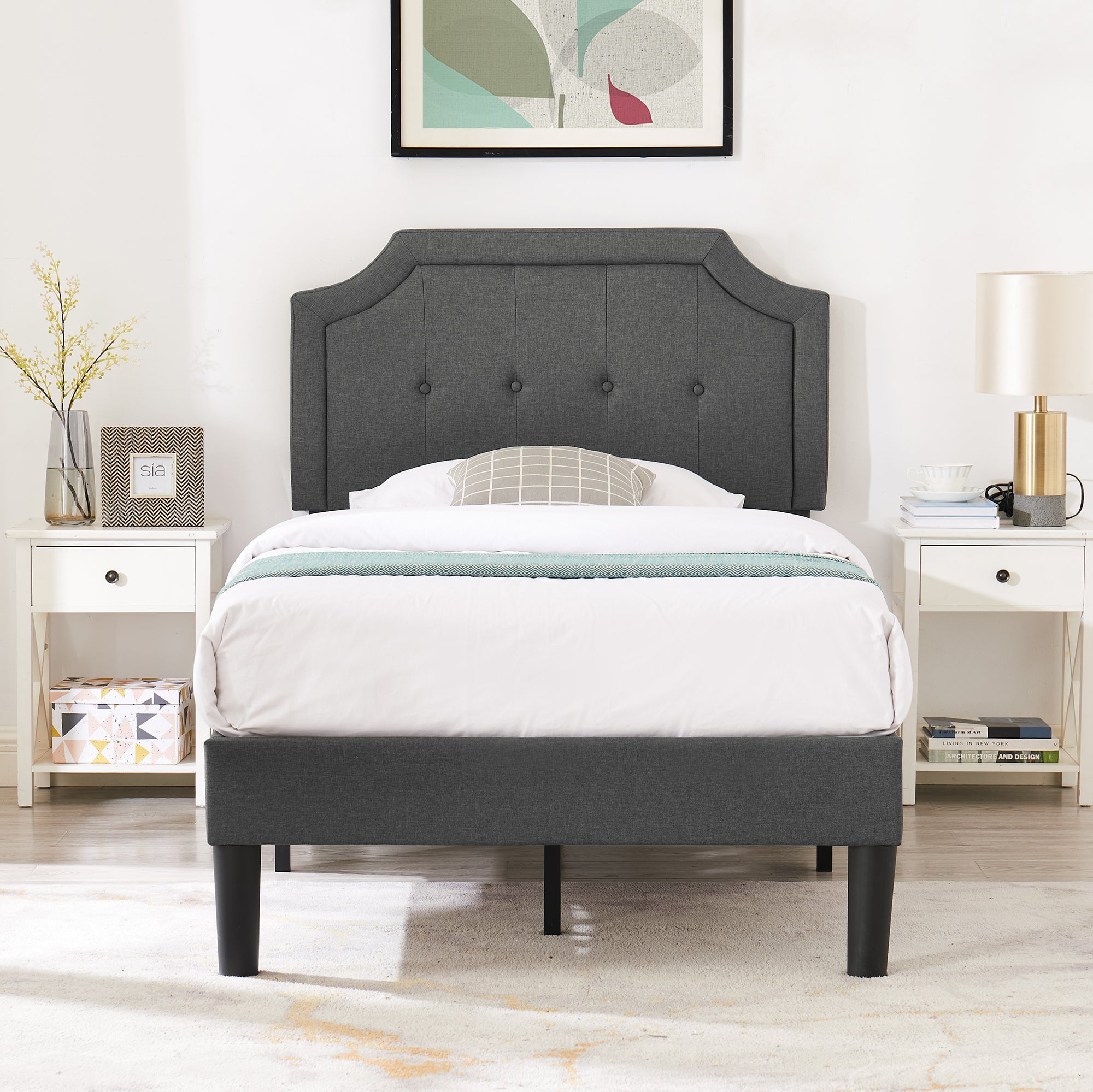 Javlergo Twin Size Bed Frame with Upholstered Adjustable Diamond Stitched Panel Headboard, Wood Slat Support/Easy Assembly, Gray