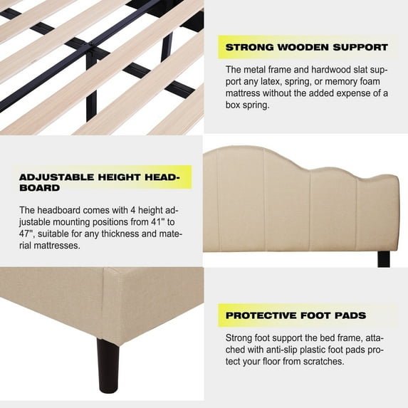 Javlergo Upholstered Platform Bed Frame with Adjustable Headboard, Wood Slat Support and Noise-Free, No Box Spring Needed Beige Full