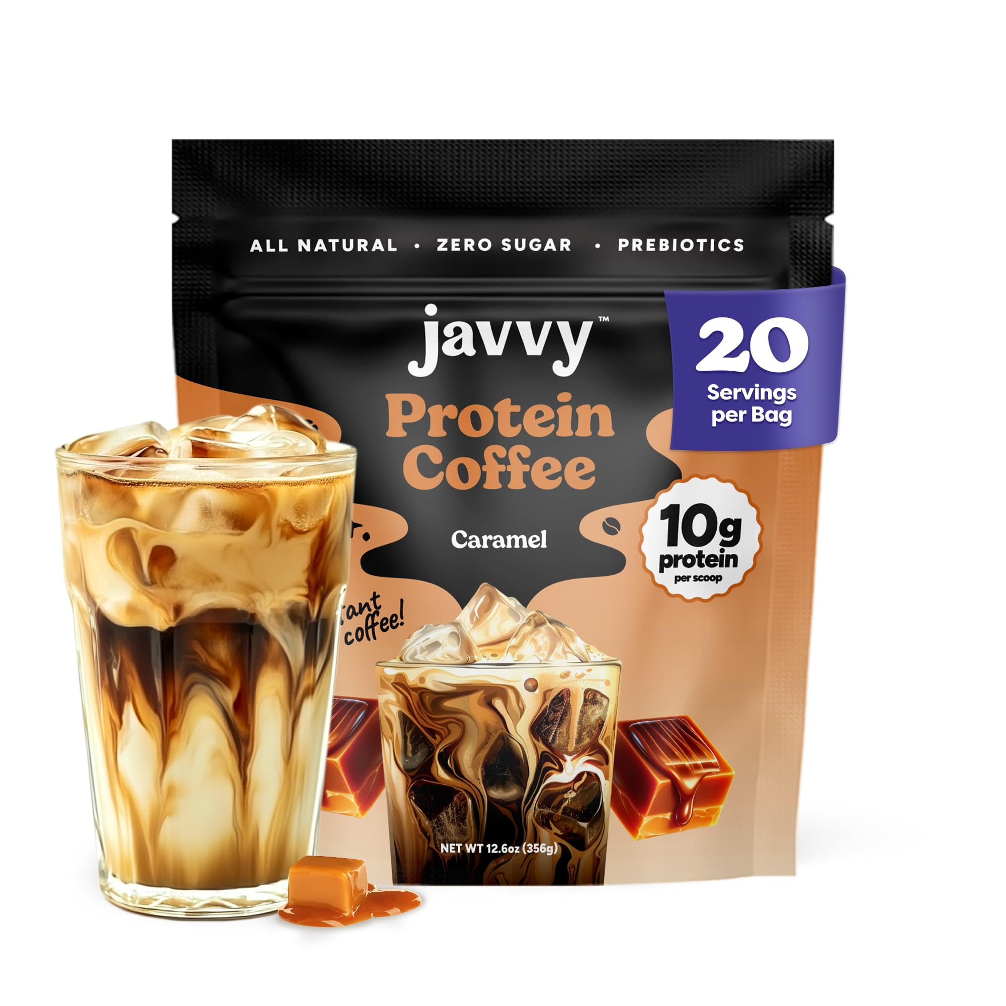 Javvy Caramel Protein AJH3Iced Coffee - Premium Whey Protein & Iced Coffees - 100% Natural Cold Brew Coffee - Zero Artificial Flavors & Sweeteners, 105 mg Caffeine Per Serving, 20 Servings