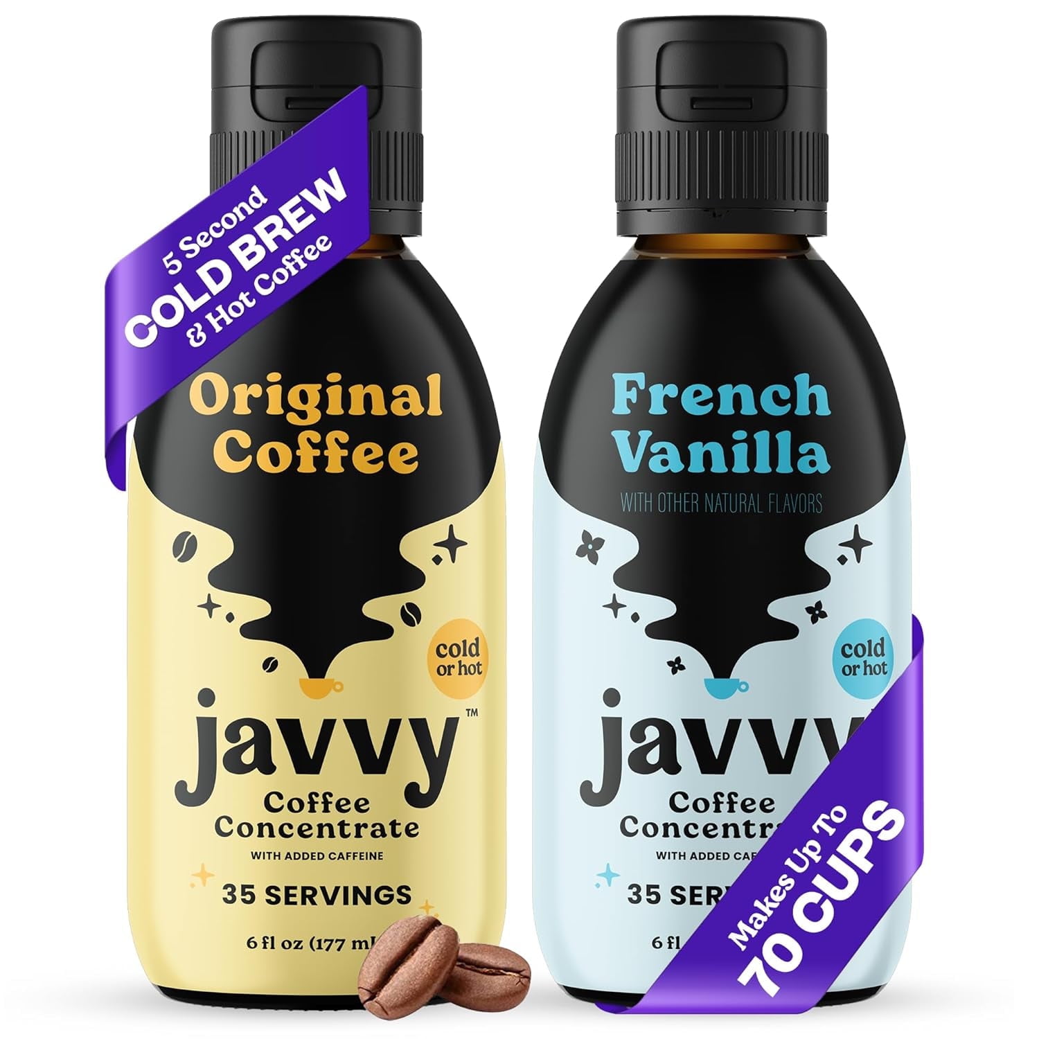 Javvy Coffee Concentrate Bundle, 2 Flavor Original & French Vanilla Coffee Variety Pack, Ice & Cold Coffee Drinks in Seconds, Coffee gifts, 12 ounces