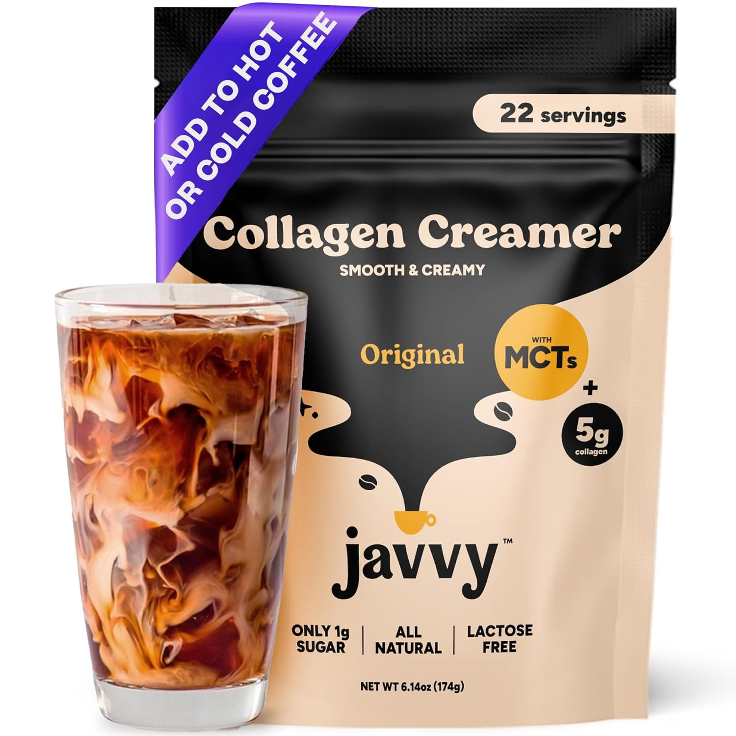 Javvy Collagen Coffee Creamer Powder, Keto Friendly, MCT Oil, Gluten Free Healthy Coffee Creamer, Grass Fed Pasture Raised Collagen 22 Servings