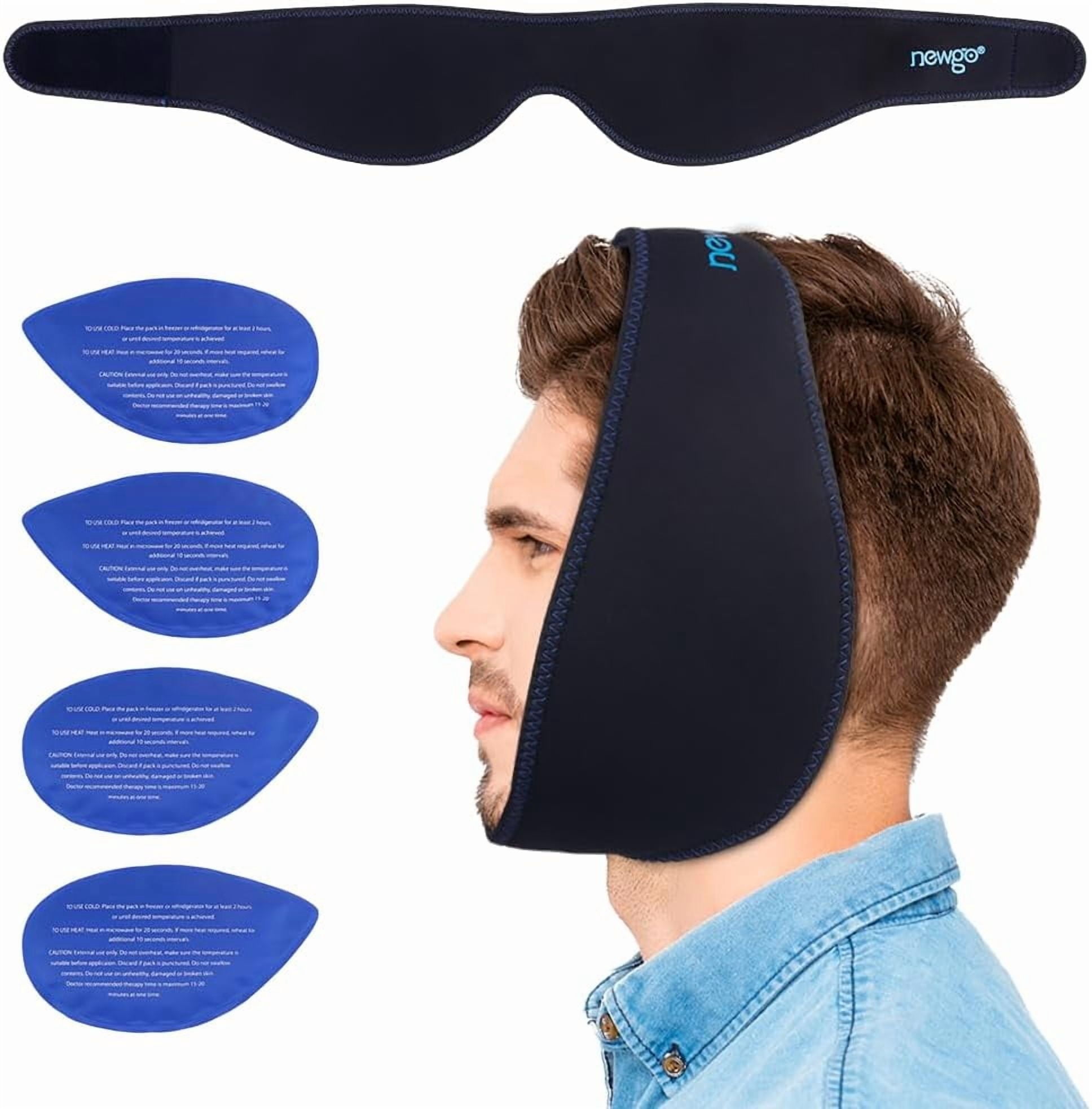 Jaw Ice Pack, Face Ice Pack for Wisdom Teeth, Jaw Ice Wrap with 4 Reusable Hot Cold Therapy Gel Packs for Facial & Oral Surgery, TMJ, Head and Chin Pain Relief,