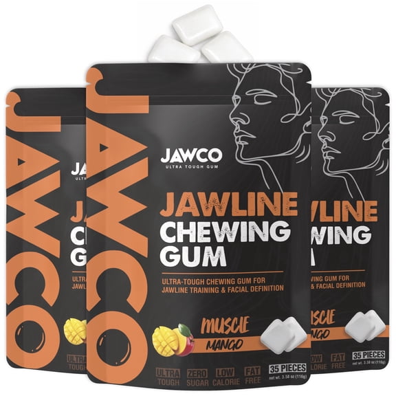 JAWCO Ultra-Tough Jawline Chewing Gum | Muscle Mango Facial Fitness Hard Gum | 3-PACK