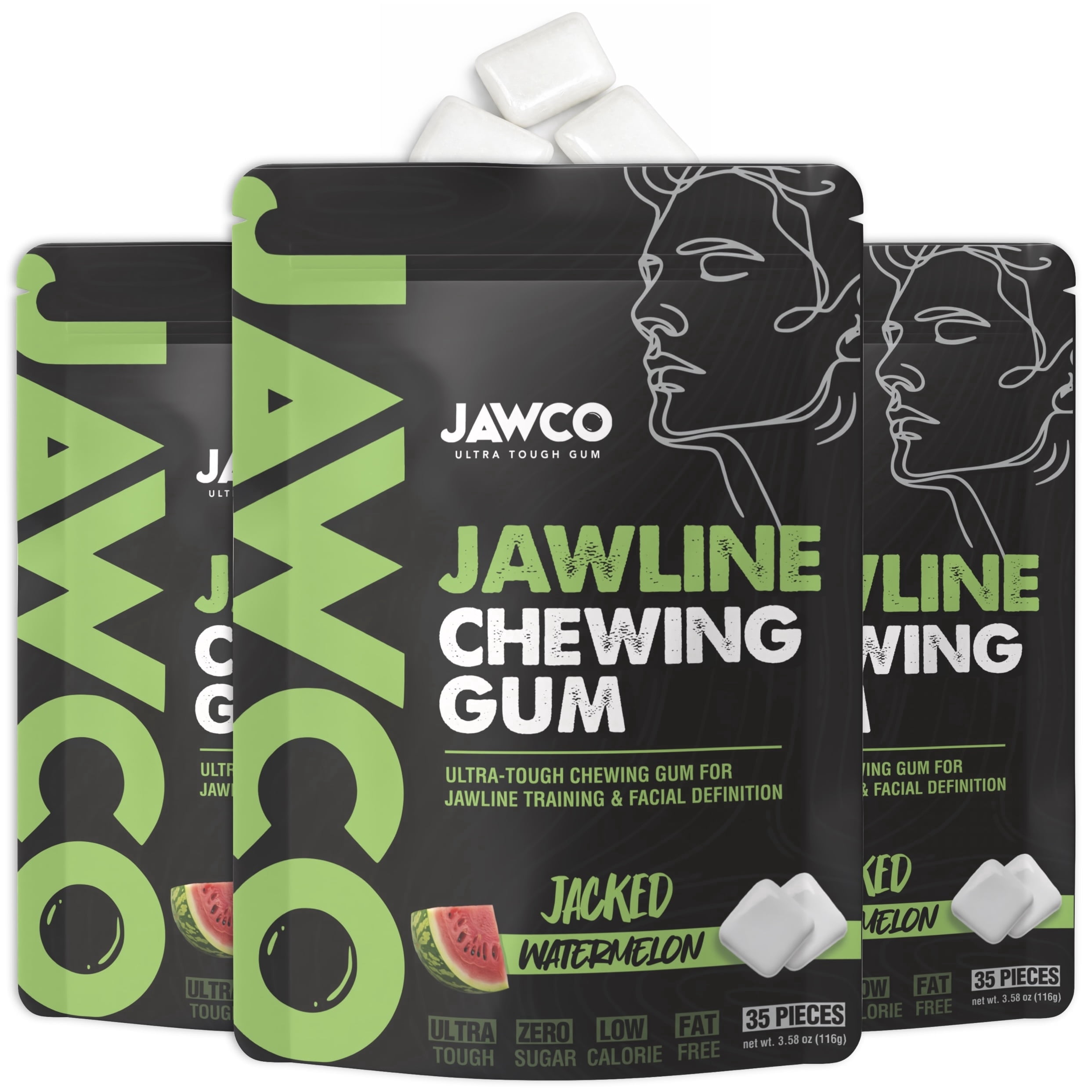 JAWCO Ultra-Tough Jawline Chewing Gum | Watermelon Facial Fitness Hard Gum | 3-PACK