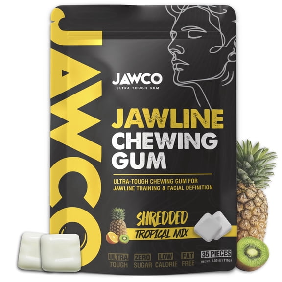 Jawco Ultra-Tough Jawline Chewing Gum | Shredded Tropical Mix Facial Fitness Hard Gum
