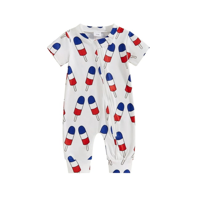 Jaweiwi 0-18M  Baby Jumpsuit, Short Sleeve Crew Neck Popsicle Print Zipped Summer Romper Clothes for Independence Day