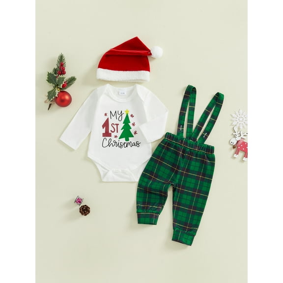 Jaweiwi Baby Toddler Boy Christmas Outfit, 3 6 9 12 18 Months Long Sleeve Dots Printed Bow Tie Romper with Overall Pants and Hat Infant Outfit