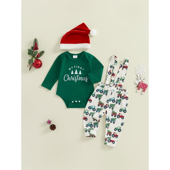 Jaweiwi Baby Toddler Boy Christmas Outfit, 3 6 9 12 18 Months Long Sleeve Dots Printed Bow Tie Romper with Overall Pants and Hat Infant Outfit