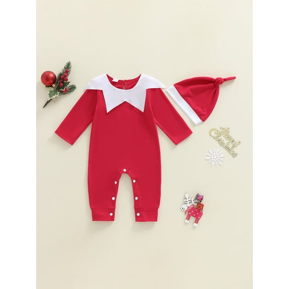 Jaweiwi Baby Toddler Boy Girl Christmas Romper, 6 12 18 24 Months Long Sleeve Doll Collar Snap Button Crotch Baby Bodysuit with Christmas Hat