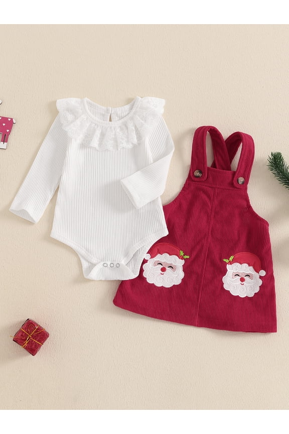 Baby Toddler Girl Christmas Outfit, 3 6 12 18 Months Lace Trim Long Sleeve Ribbed Romper Santa Claus Embroidery Suspender Skirt 2 Piece Clothes Set