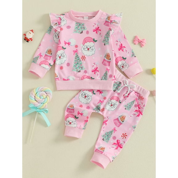 Jaweiwi Baby Toddler Girl Christmas Outfits 3 6 12 18 24 Months 2T 3T Santa Tree Print Long Sleeve Round Neck Pullover   Elastic Waist Pants 2 Pcs Clothes Set