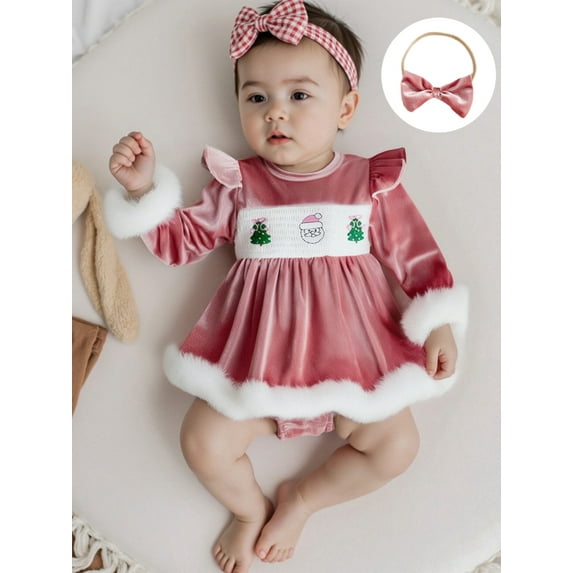 Jaweiwi Baby Toddler Girls 2Pcs Christmas Romper Dress 3 6 12 18 Months Long Sleeve Velvet Dresses with Headband Set Newborn Clothes