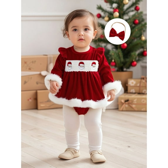 Jaweiwi Baby Toddler Girls 2Pcs Christmas Romper Dress 3 6 12 18 Months Long Sleeve Velvet Dresses with Headband Set Newborn Clothes