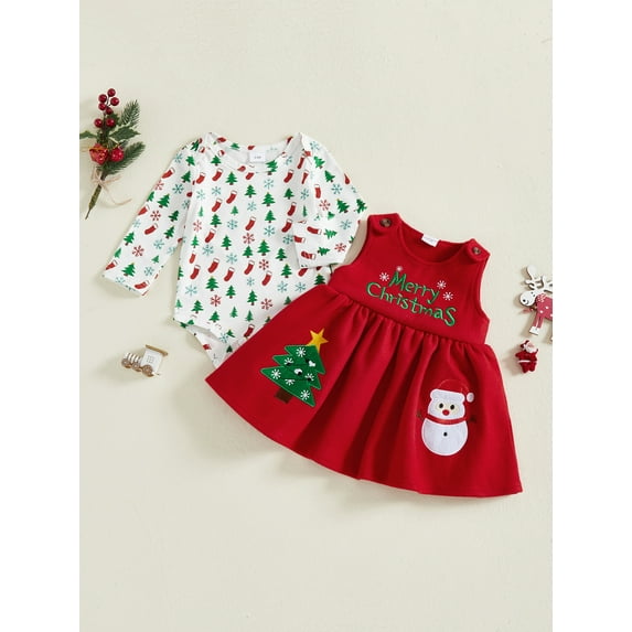 Jaweiwi Baby Toddler Girls Christmas Outfit, 3 6 9 12 18 Months Long Sleeve Tree Print Romper with Embroidery Overall Dress