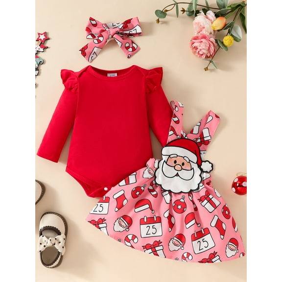 Jaweiwi Baby Toddler Girls Christmas Outfit, 3 6 9 12 18 Motnhs Long Sleeve Romper with Gingerbread Man Santa Claus Suspender Dress and Headband