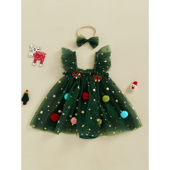 Jaweiwi Baby Toddler Girls Rompers Dress for Christmas Clothes 3 6 9 12 18 Months Bobbles Bells Decor Mesh Skirts Hem Sleeveless Bodysuits with Headband