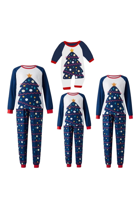 Christmas Family Matching Pajamas Set with Tree Print, Color Matching Classic Crew Neck Casual Style Holiday Sleepwear Clothing