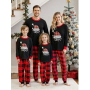 JAWEIWI Christmas Family Pajamas Matching Set, Letters Print Long Sleeve Tops with Plaid Pants Sleepwear Loungewear