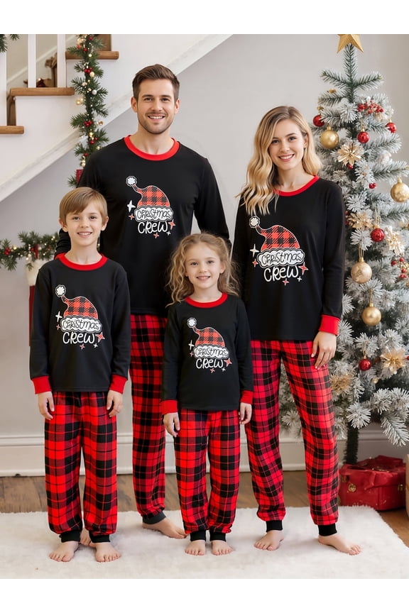 Christmas Family Pajamas Matching Set, Letters Print Long Sleeve Tops with Plaid Pants Sleepwear Loungewear