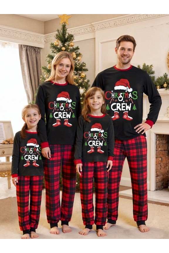 Christmas Family Pajamas Matching Set, Long Sleeve Letters Print T-shirt with Plaid Pants Holiday Sleepwear Loungewear