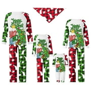 JAWEIWI Christmas Family Pajamas Matching Set, Long Sleeve Tree Letters Print T-shirt with Plaid Pants Contact Color Block Holiday Sleepwear Loungewear