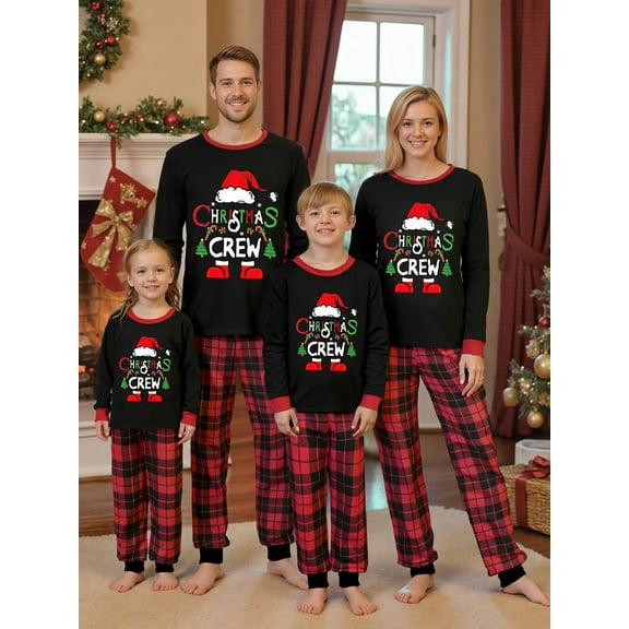 Jaweiwi Christmas Family Pajamas Matching Set Santa Claus Print Long Sleeve T shirt Tops and Plaid Pants Holiday Sleepwear Soft Nightwear