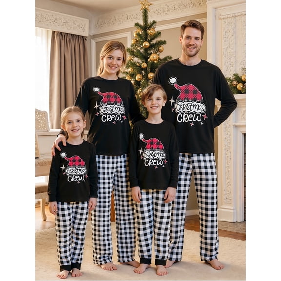 Jaweiwi Christmas Pajamas for Family Matching Long Sleeve Santa Hat Print Black T shirt Tops + Plaid Pants Set Holiday Sleepwear