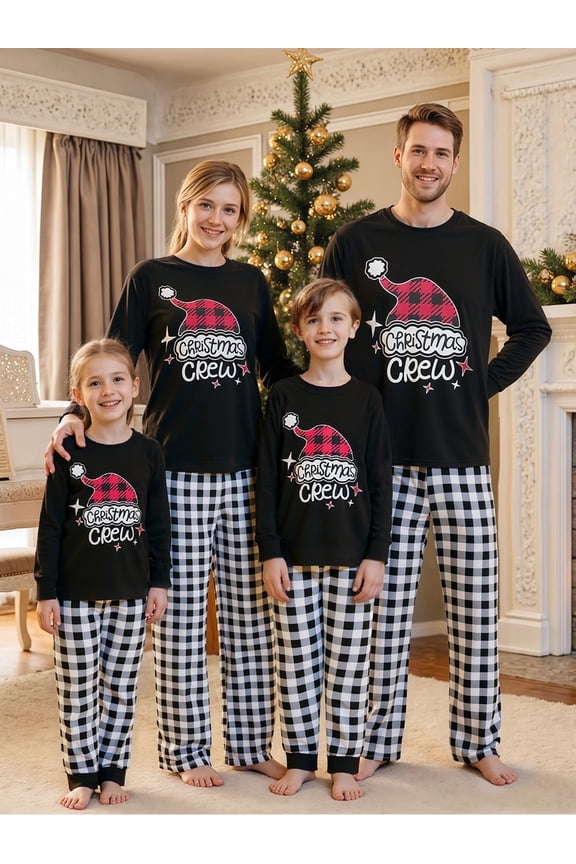 Christmas Pajamas for Family Matching Long Sleeve Santa Hat Print Black T shirt Tops + Plaid Pants Set Holiday Sleepwear
