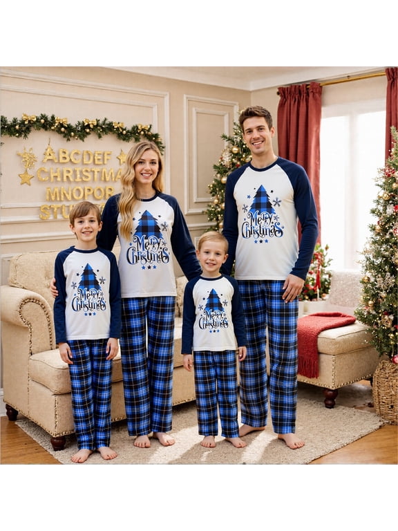 Family Christmas Pajamas Matching Sets Christmas Tree Print Plaid Christmas Family Matching Outfits for Holiday Pjs