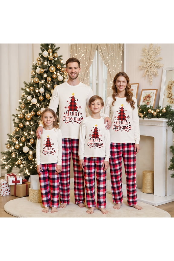 Family Matching Christmas Pajama Set, Christmas Tree Letter Print Long Sleeve Tops and Plaid Pants Holiday Sleepwear Outfits