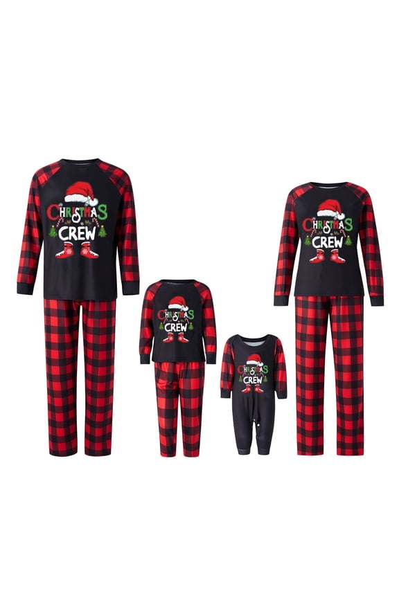 Family Matching Christmas Pajamas Set, Baby Romper/Letter Christmas Hat Print Long Sleeve T shirt Tops + Plaid Pants Holiday Sleepwear