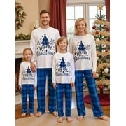 JAWEIWI Family Matching Christmas Pajamas Set, Christmas TreeLetter Print Long-Sleeved T shirt Tops + Plaid Trousers Holiday Sleepwear Outfits for Women Men Kids Baby