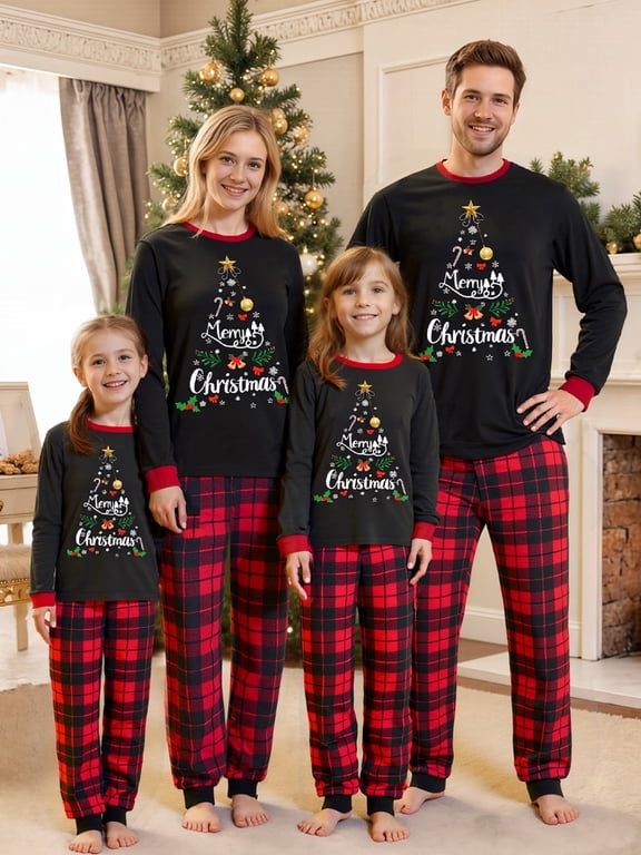 Family Matching Christmas Pajamas Set, Letter Snowflake Print Long-Sleeved T shirt Tops + Plaid Trousers Holiday Sleevewear Outfits
