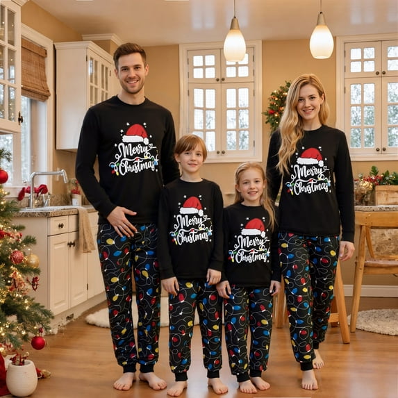 Jaweiwi Family Matching Christmas Pajamas Set Letter String Lights Print Holiday Pajamas Sleepwear Dad Mom Kids PJs