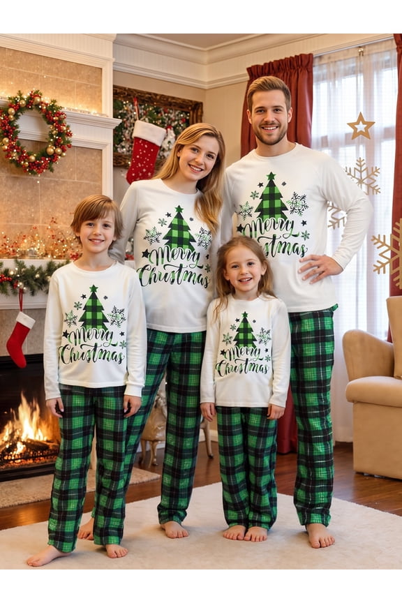 Family Matching Christmas Pajamas Set, Long Sleeve Christmas Tree Letter Print T shirt Tops Green Plaid Pants Holiday Sleepwear Outfits