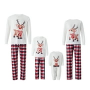 JAWEIWI Family Matching Christmas Pajamas Set, Long Sleeve Elk Printed Tops + Elastic Plaid Pants/Romper Sets for Holiday Wear