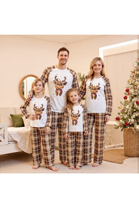 Family Matching Christmas Pajamas Set Plaid and Reindeer Print Holiday Pajamas Sleepwear Dad Mom Kids PJs