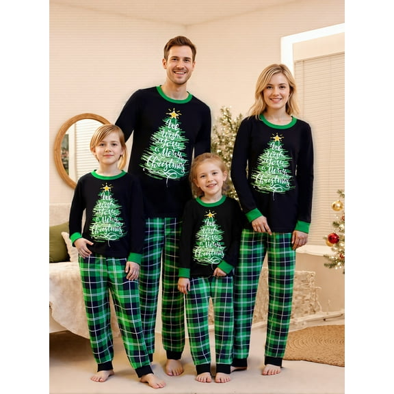 Jaweiwi Family Matching Christmas Pajamas Set Tree Letter Plaid Print Holiday Pajamas Sleepwear Dad Mom Kids PJs