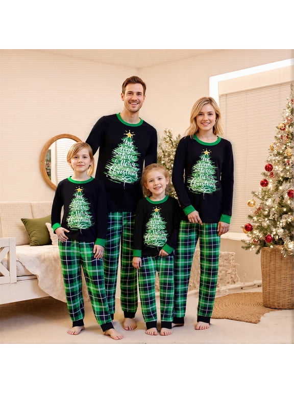 Family Matching Christmas Pajamas Set Tree Letter Plaid Print Holiday Pajamas Sleepwear Dad Mom Kids PJs