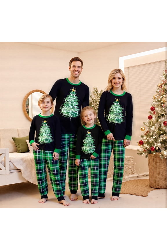 Family Matching Christmas Pajamas Set Tree Letter Plaid Print Holiday Pajamas Sleepwear Dad Mom Kids PJs
